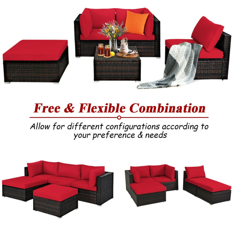 5 Pieces Patio Rattan Sofa Set with Cushion and Ottoman-RedCostway Gallery View 6 of 12