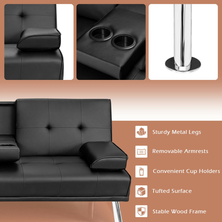 Convertible Folding Leather Futon Sofa with Cup Holders and Armrests-BlackCostway Gallery View 3 of 12