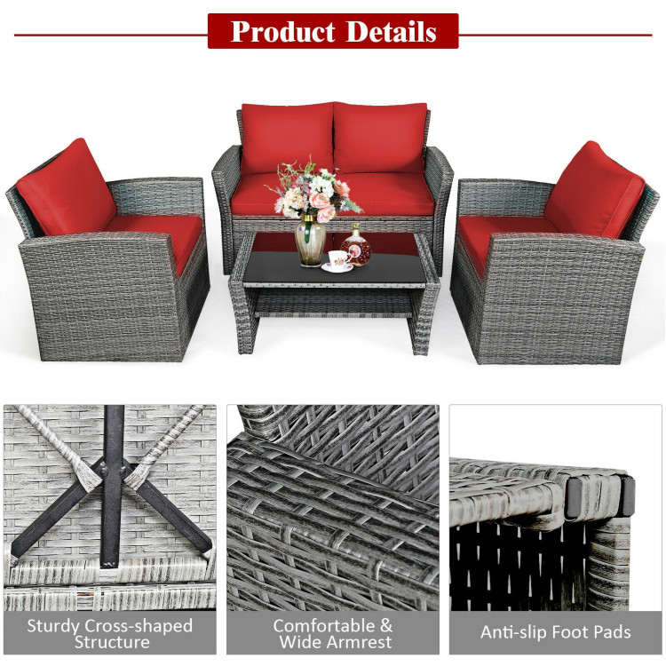 4 Pieces Patio Rattan Furniture Set Sofa Table with Storage Shelf Cushion-RedCostway Gallery View 5 of 12