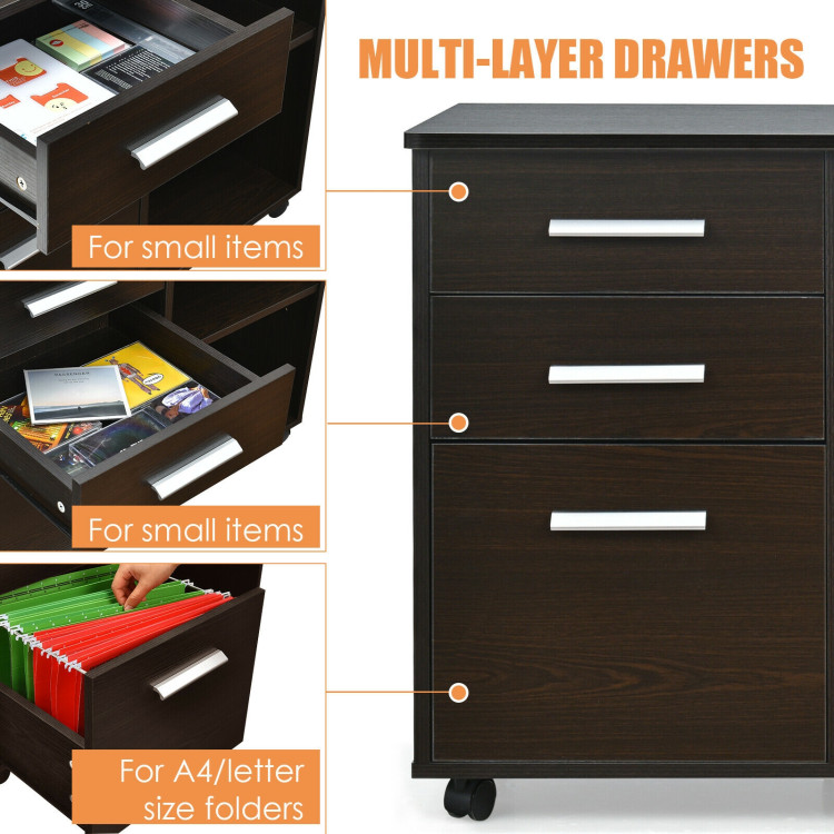3-Drawer Mobile Lateral File Cabinet Printer Stand-EspressoCostway Gallery View 10 of 12