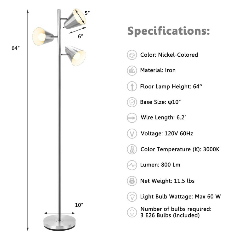 64 Inch 3-Light LED Floor Lamp Reading Light for Living Room Bedroom-SilverCostway Gallery View 4 of 11