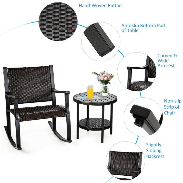 3 Pieces Patio Rattan Furniture Set with Coffee Table and Rocking ChairsCostway Gallery View 11 of 12