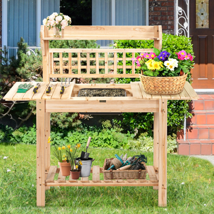 Garden Potting Bench Workstation Table with Sliding Tabletop Sink ShelvesCostway Gallery View 3 of 12