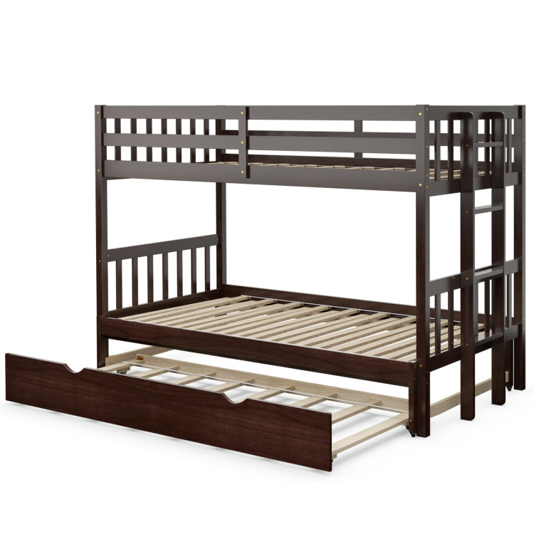 Twin Pull-Out Bunk Bed with Trundle Wooden Ladder-EspressoCostway Gallery View 3 of 11