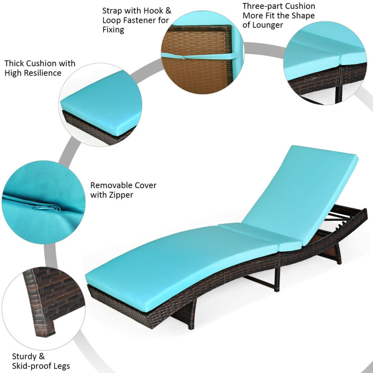 Patio Folding Adjustable Rattan Chaise Lounge Chair with Cushion-TurquoiseCostway Gallery View 12 of 12