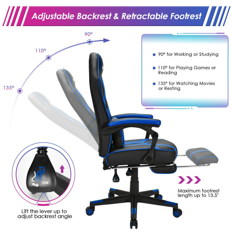 Computer Massage Gaming Recliner Chair with Footrest-BlueCostway Gallery View 9 of 12