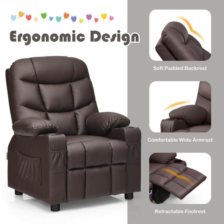 PU Leather Kids Recliner Chair with Cup Holders and Side Pockets-BrownCostway Gallery View 11 of 12
