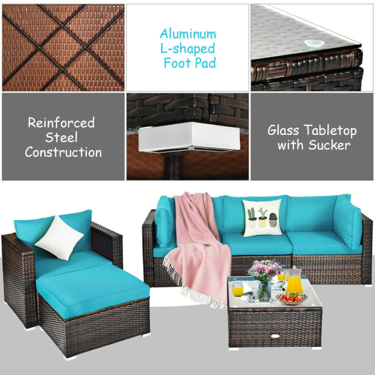 6 Pcs Patio Rattan Furniture Set with Sectional Cushion-TurquoiseCostway Gallery View 11 of 12