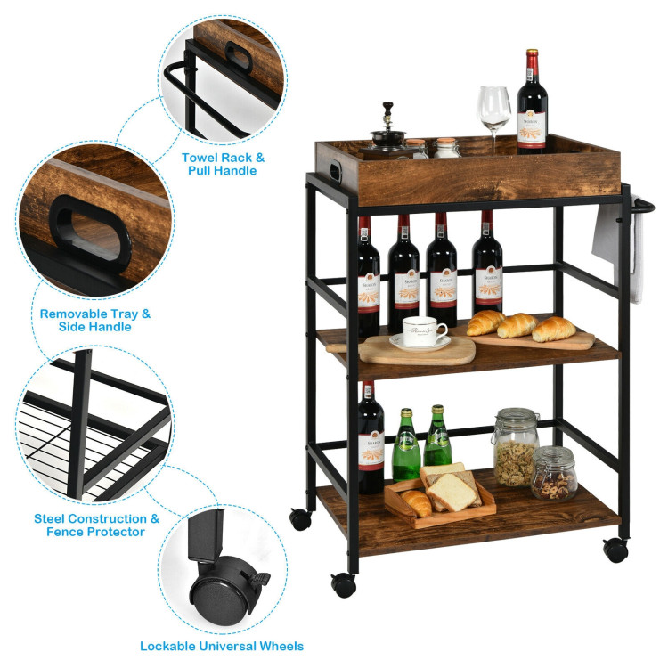 3-Tier Kitchen Serving Bar Cart with Lockable Casters and Handle Rack for Home Pub-Rustic BrownCostway Gallery View 6 of 13
