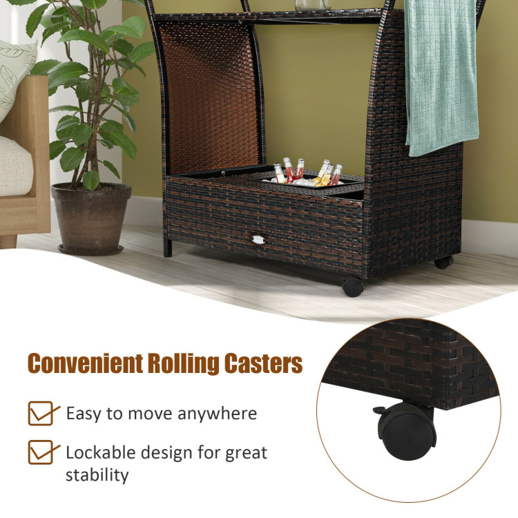 Patio Rattan Bar Serving Cart with Glass Top and HandleCostway Gallery View 11 of 12