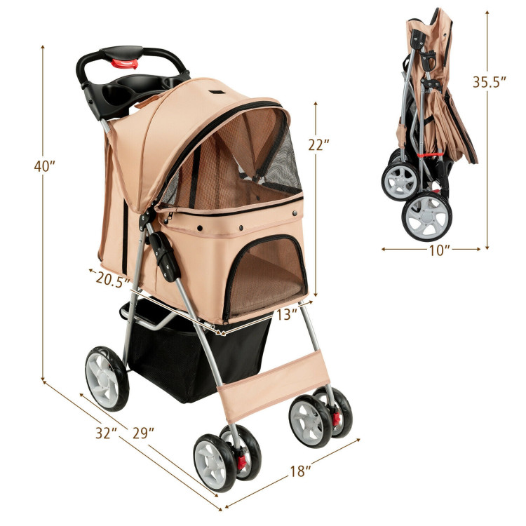 Foldable 4-Wheel Pet Stroller with Storage Basket-BeigeCostway Gallery View 4 of 12