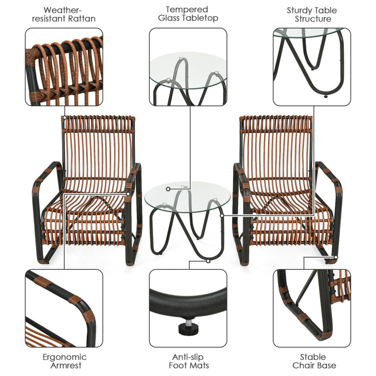 3 Pieces Patio Rattan Furniture Set with 2 Single Wicker Chairs and Glass Side TableCostway Gallery View 9 of 10
