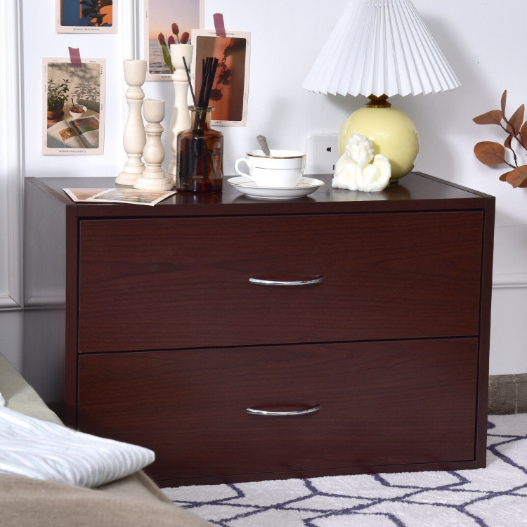 2-Drawer Dresser Horiztonal Organizer End Table Nightstand with Handle Wood-BrownCostway Gallery View 6 of 12