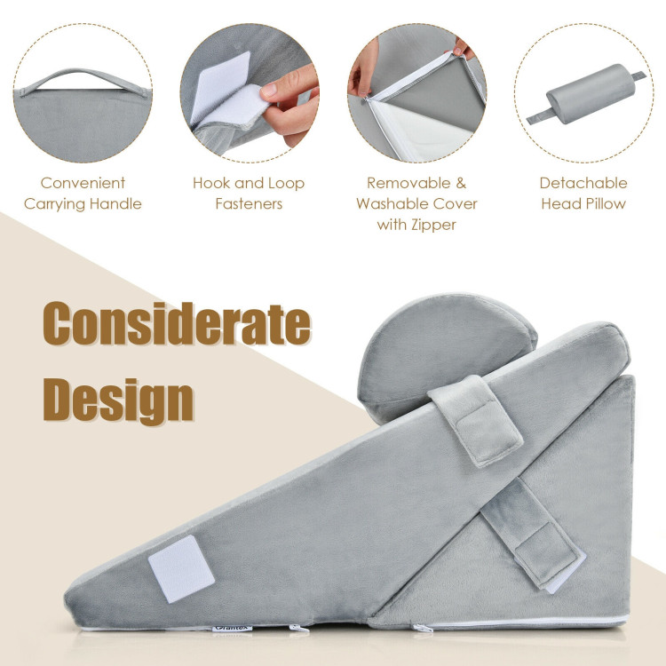 Bed Wedge Pillow Back Support Triangle Reading Pillow with Detachable Cover-Gray丨Costway