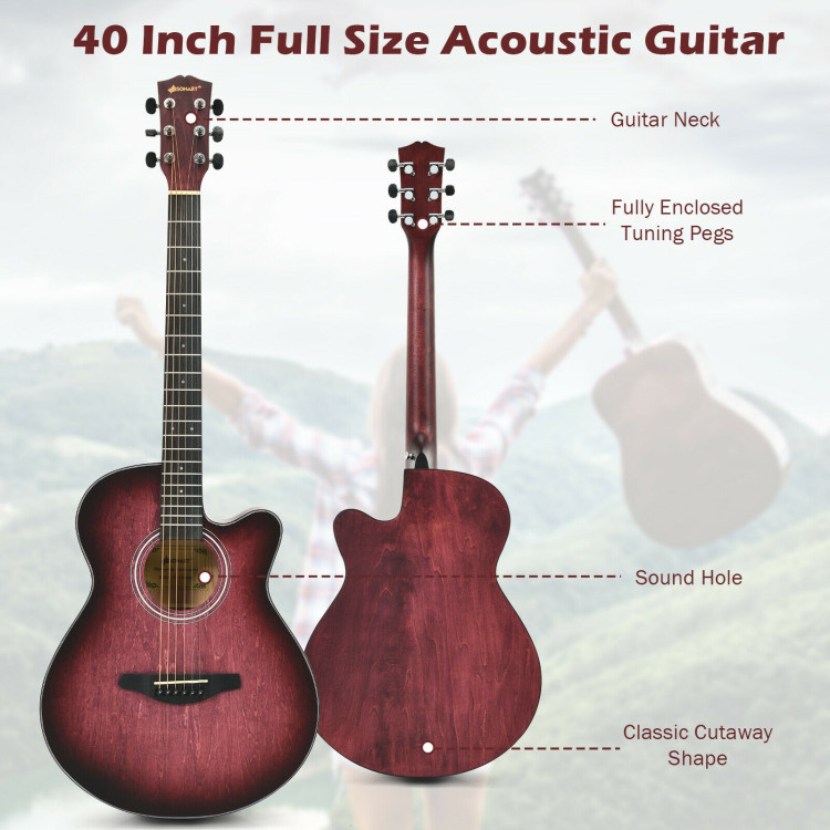 40 Inch Full Size Cutaway Acoustic Guitar Starter Guitarra Bundle Kit-RedCostway Gallery View 9 of 12