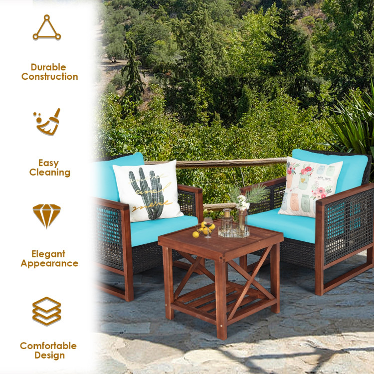 3 Pieces Patio Wicker Furniture Set with Washable Cushion and Acacia Wood Coffee Table-TurquoiseCostway Gallery View 3 of 12