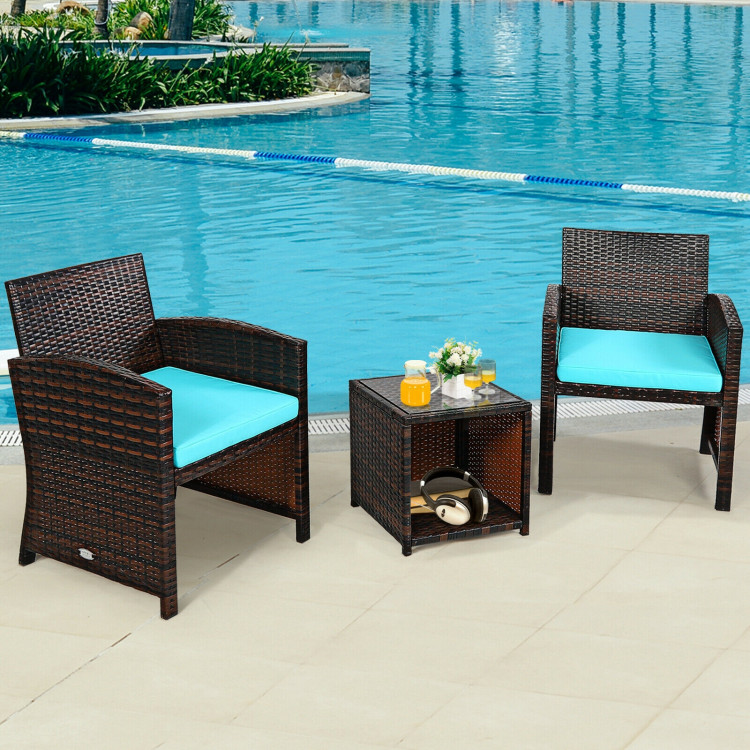 3 Pieces PE Rattan Wicker Furniture Set with Cushion Sofa Coffee Table for Garden-TurquoiseCostway Gallery View 3 of 12