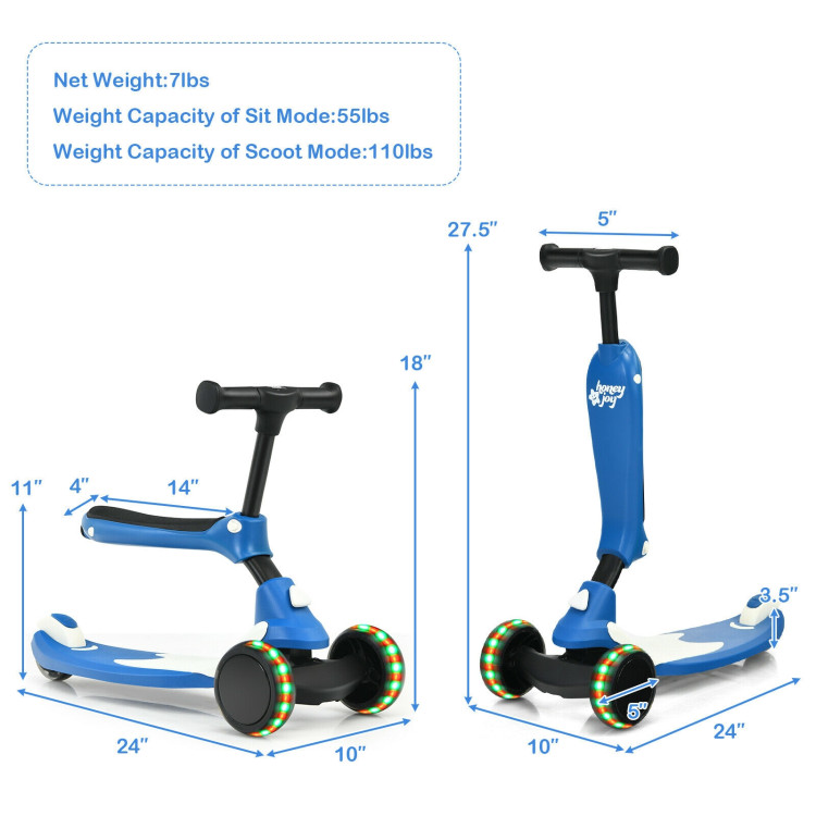 2-in-1 Kids Kick Scooter with Flash Wheels for Girls and Boys from 1.5 to 6 Years Old-BlueCostway Gallery View 4 of 10