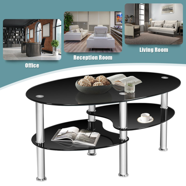 Tempered Glass Oval Side Coffee Table-BlackCostway Gallery View 11 of 11