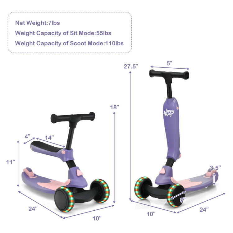 2-in-1 Kids Kick Scooter with Flash Wheels for Girls and Boys from 1.5 to 6 Years Old-PurpleCostway Gallery View 4 of 10