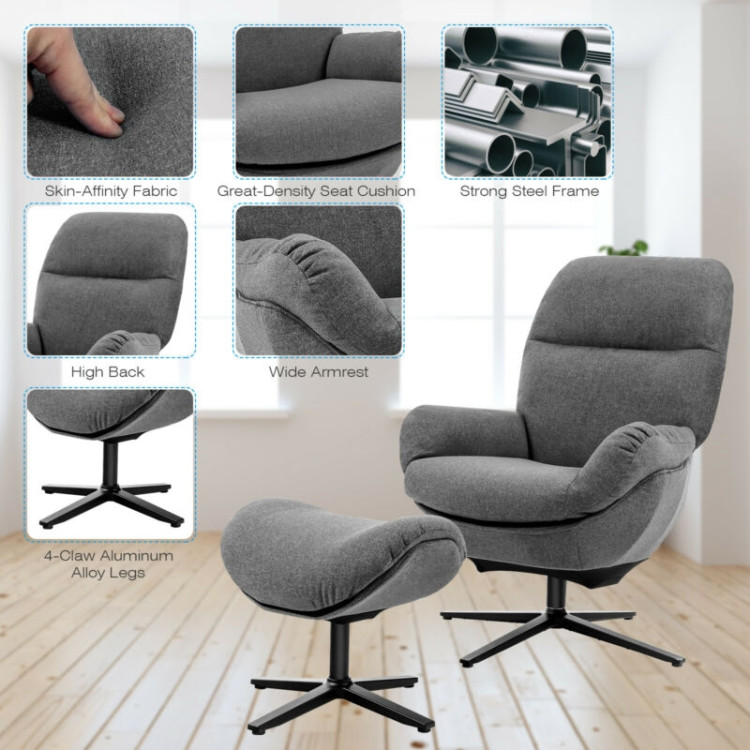 Upholstered Swivel Lounge Chair with Ottoman and Rocking Footstool-GrayCostway Gallery View 10 of 12