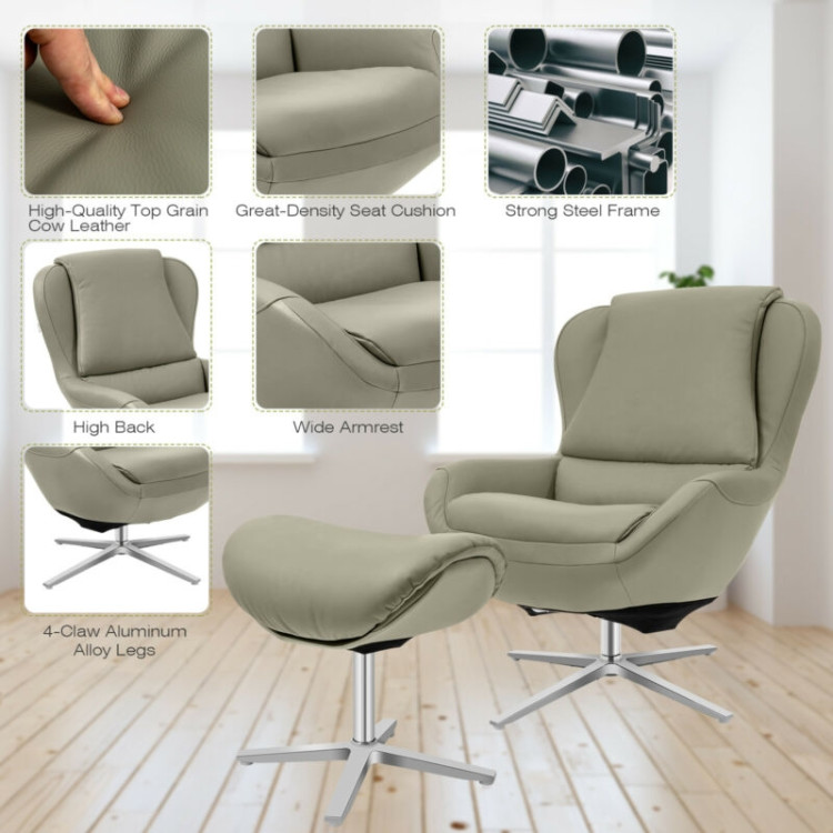 360°  Swivel Leather Lounge Chair with Ottoman and Aluminum Alloy Base-GrayCostway Gallery View 10 of 12