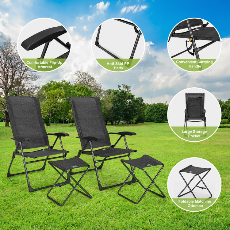 4 Pieces Patio Adjustable Back Folding Dining Chair Ottoman Set-GrayCostway Gallery View 8 of 12