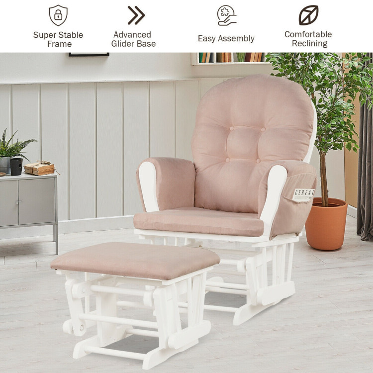 Wood Glider and Ottoman Set with Padded Armrests and Detachable Cushion-PinkCostway Gallery View 8 of 11