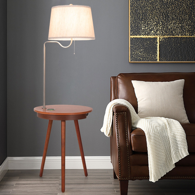 End Table Lamp Bedside Nightstand Lighting with Wireless Charger-BrownCostway Gallery View 1 of 13