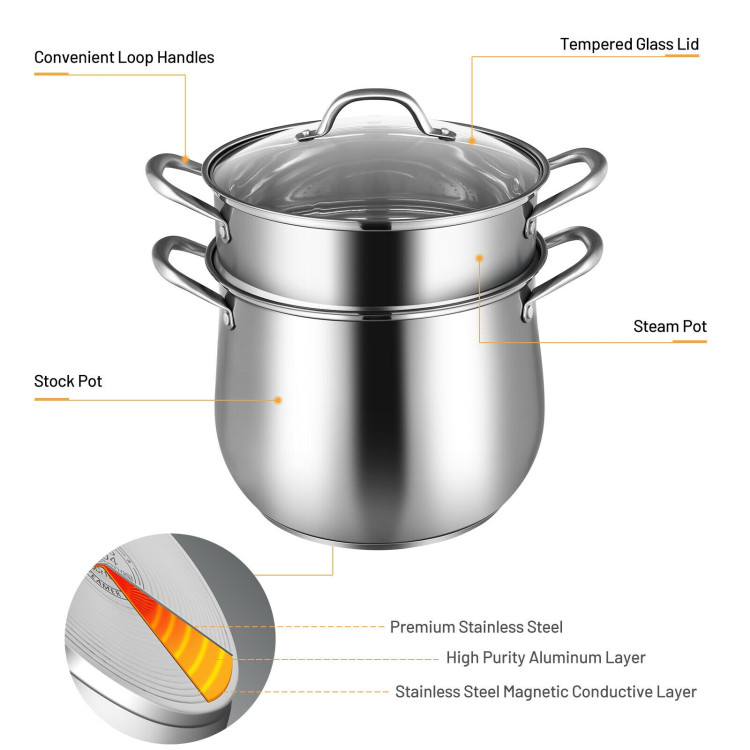 2-Tier Steamer Pot Saucepot Stainless Steel with Tempered Glass LidCostway Gallery View 9 of 12