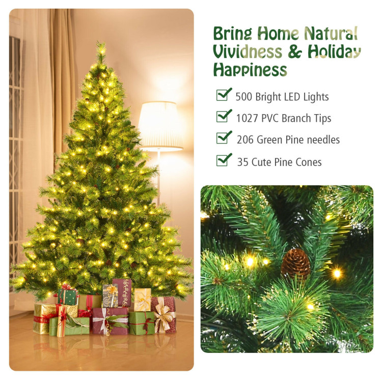 Pre-lit Hinged Christmas Tree wth Glitter Tips and Pine ConesCostway Gallery View 9 of 12