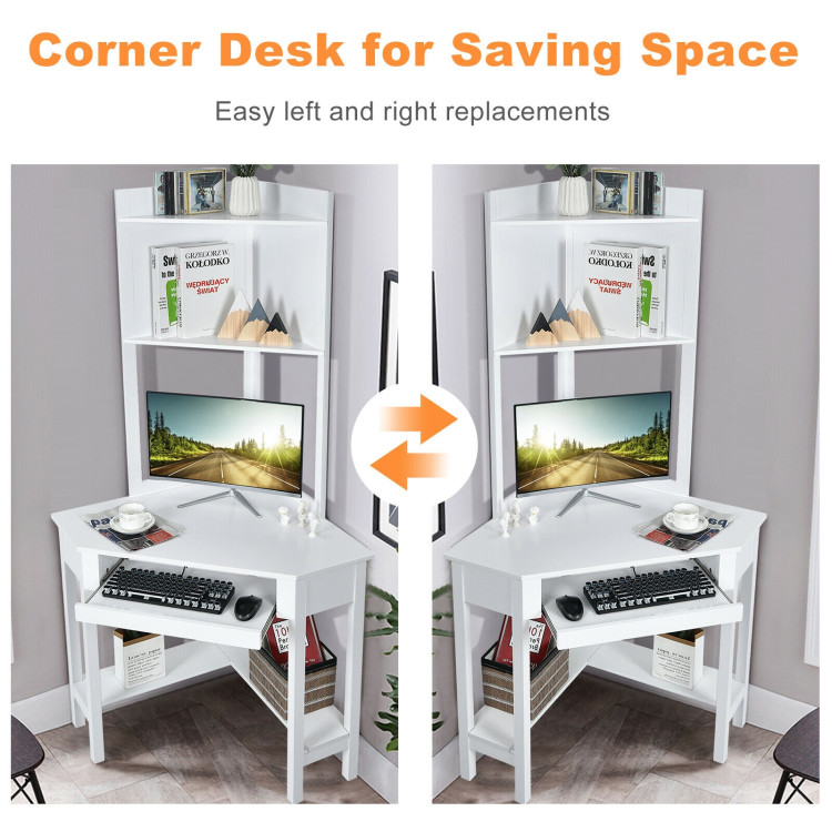 Corner Computer Desk with Hutch and Storage Shelves-WhiteCostway Gallery View 11 of 12