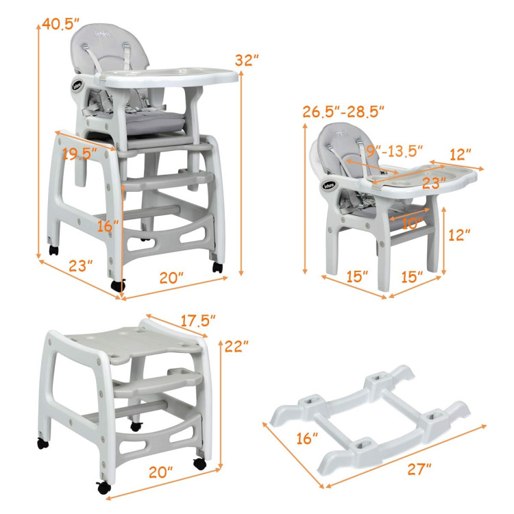 3-in-1 Baby High Chair with Lockable Universal Wheels-GrayCostway Gallery View 4 of 9