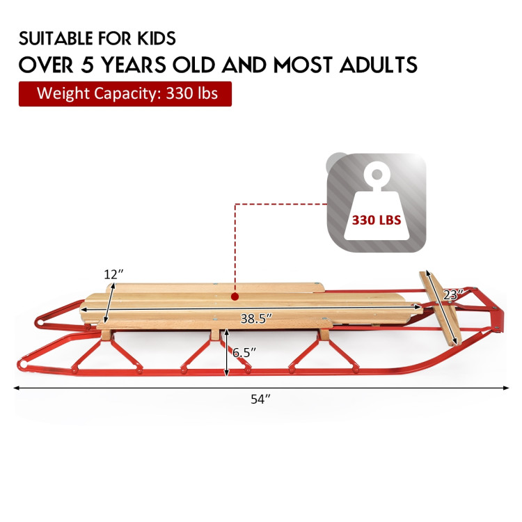 54 Inch Kids Wooden Snow Sled with Metal Runners and Steering BarCostway Gallery View 4 of 12