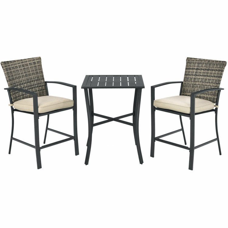 3 Pieces Patio Rattan Bar Furniture Set with Slat Table and 2 Cushioned Stools-GrayCostway Gallery View 7 of 10