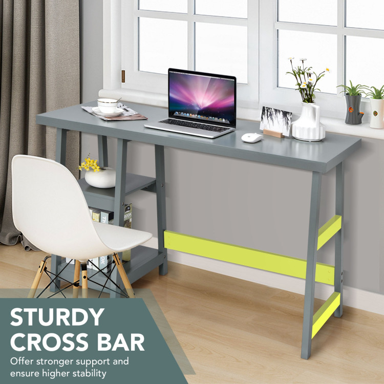 Wooden Trestle Computer Desk with 2-Tier Removable Shelves-GrayCostway Gallery View 2 of 10