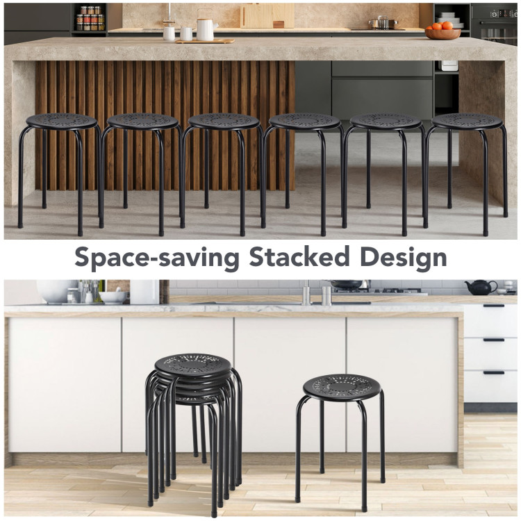 Set of 6 Stackable Multifunctional Daisy Design Backless Round Metal Stool Set-BlackCostway Gallery View 3 of 10