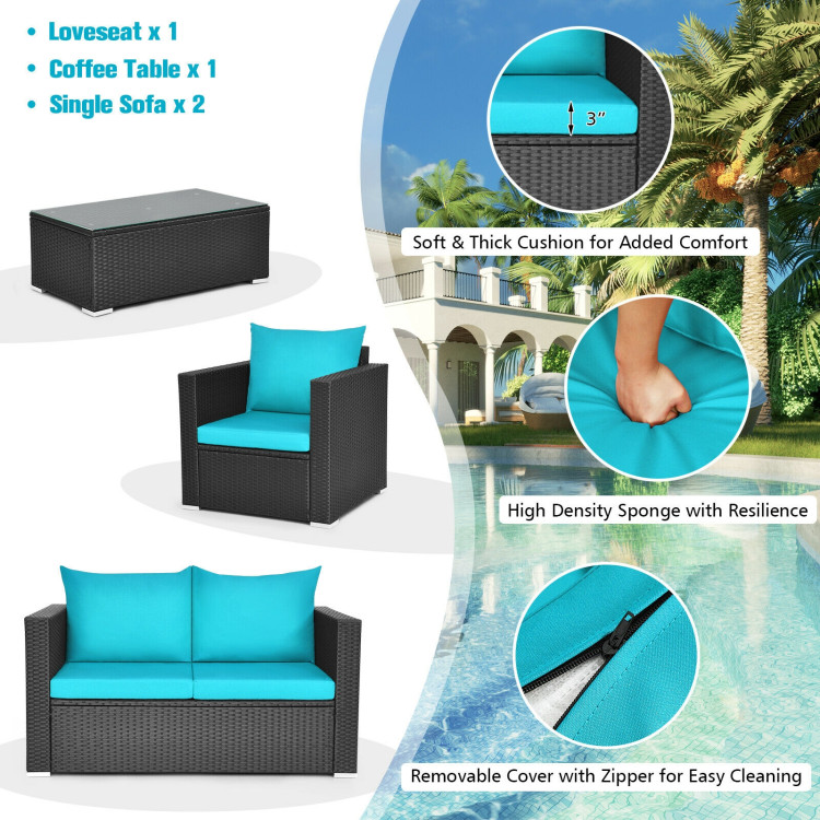 4Pcs Patio Rattan Cushioned Furniture Set-TurquoiseCostway Gallery View 9 of 11