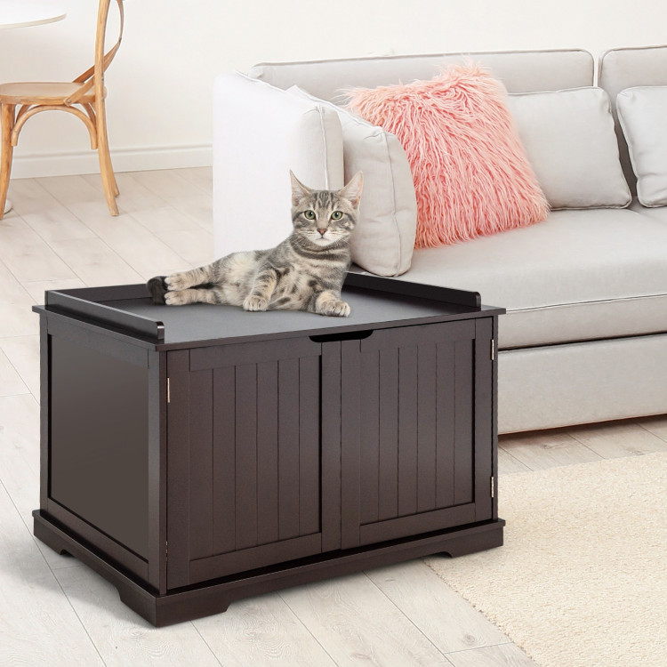 Cat Litter Box Enclosure with Double Doors for Large Cat and Kitty-BrownCostway Gallery View 6 of 10