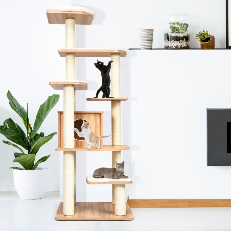 Wood Multi-Layer Platform Cat Tree with Scratch Resistant RopeCostway Gallery View 7 of 12