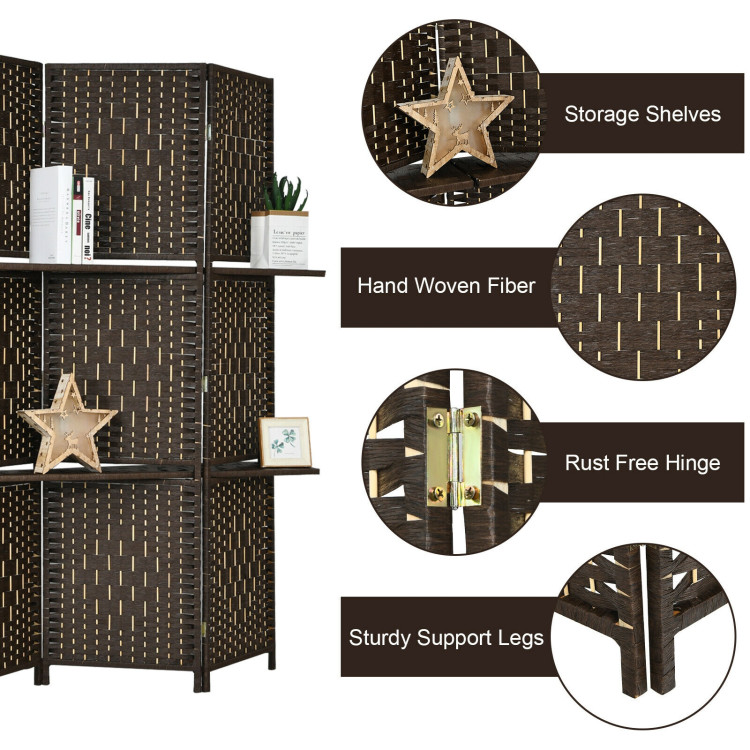 6 Panel Folding Weave Fiber Room Divider with 2 Display Shelves -BrownCostway Gallery View 11 of 11