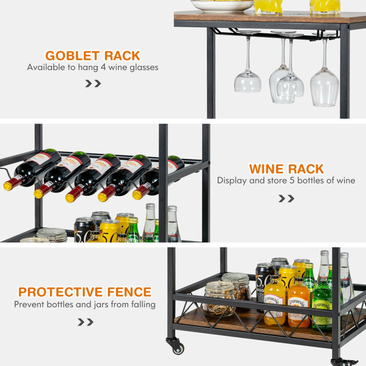 Kitchen Bar Cart Serving Trolley on Wheels with Wine Rack Glass Holder-Rustic BrownCostway Gallery View 10 of 11