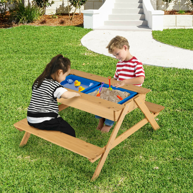 3-in-1 Kids Picnic Table Wooden Outdoor Water Sand Table with Play BoxesCostway Gallery View 7 of 10
