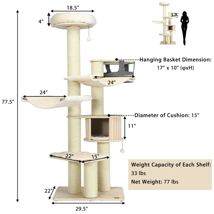 77.5-Inch Cat Tree Condo Multi-Level Kitten Activity Tower with Sisal Posts-Cream WhiteCostway Gallery View 4 of 10
