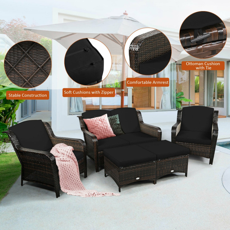 5 Pieces Patio Rattan Sofa Set with Cushion and Ottoman-BlackCostway Gallery View 11 of 12