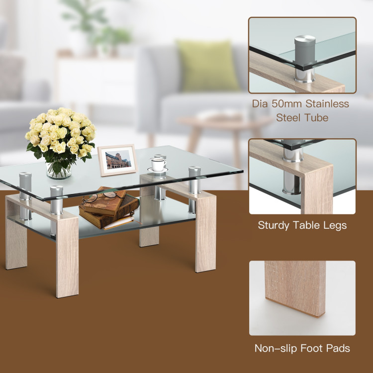 Rectangle Glass Coffee Table with Metal Legs for Living Room-NaturalCostway Gallery View 9 of 10