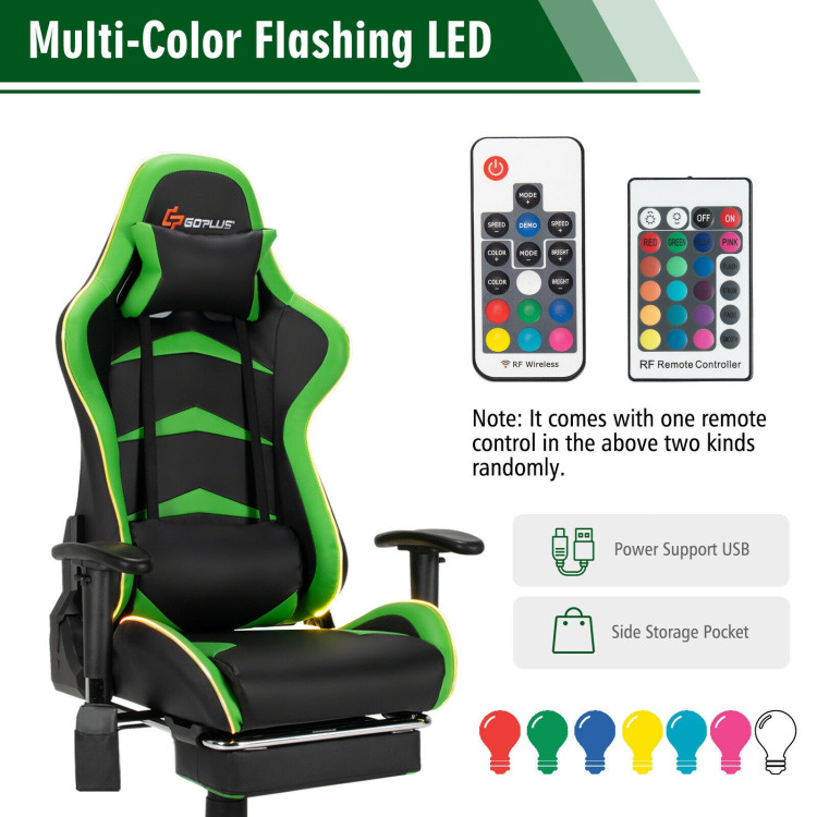 Massage LED Gaming Chair with Lumbar Support and Footrest-GreenCostway Gallery View 10 of 12