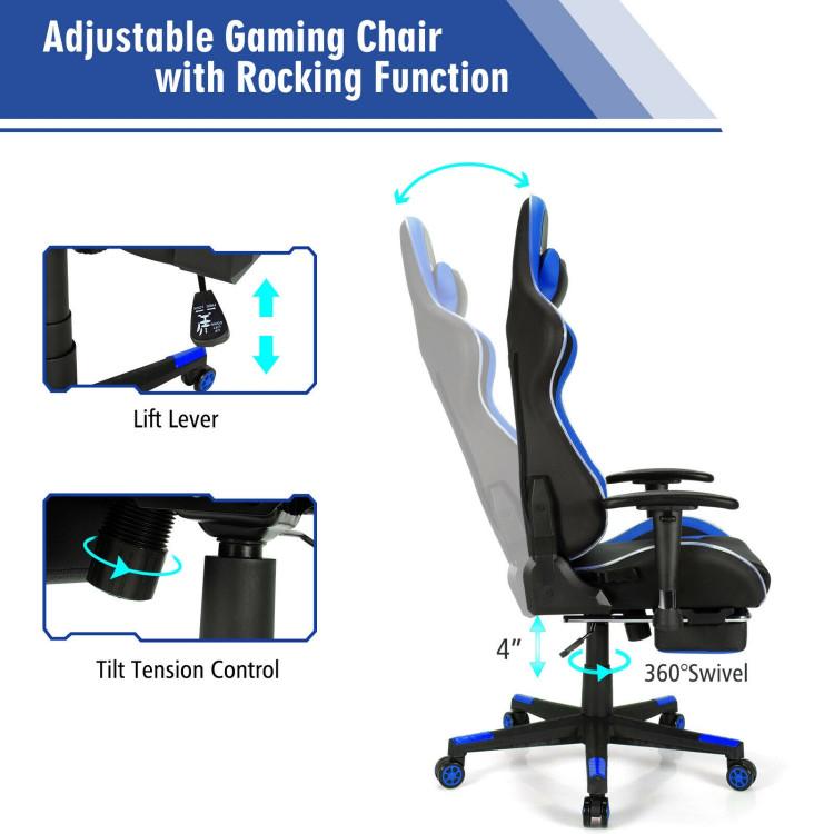 Massage LED Gaming Chair with Lumbar Support and Footrest-BlueCostway Gallery View 9 of 10