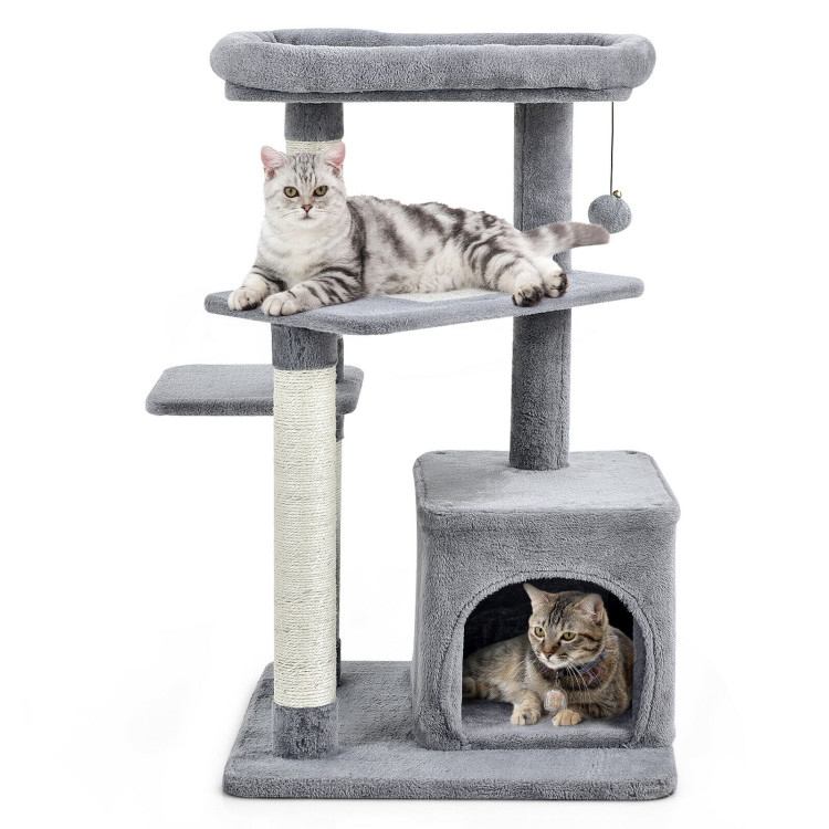 Cat Tree with Perch and Hanging Ball for Indoor Activity Play and Rest-GrayCostway Gallery View 7 of 10