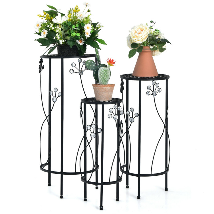 3 Pieces Metal Plant Stand Set with Crystal Floral Accents Round-BlackCostway Gallery View 9 of 10